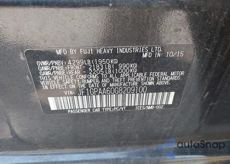 2016 Subaru Impreza 2.0I z USA, uszkodzony, nr VIN JF1GPAA60G8209100